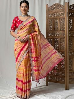 Niska - Tie And Dye Mirror Work Pure Georgette Saree With Unstitched Blouse