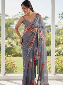 Niska - Floral Pure Georgette Grey Saree With Unstitched Blouse