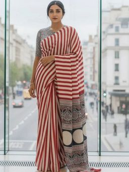Niska - Women'S Striped Red Saree With Unstitched Blouse