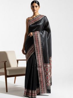 Niska - Ethnic Motifs Printed Black Saree With Unstitched Blouse