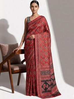 Niska - Ethnic Motifs Printed Red Saree With Unstitched Blouse