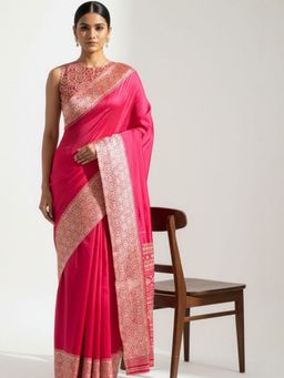 Niska - Women Woven Design Pink Saree With Unstitched Blouse