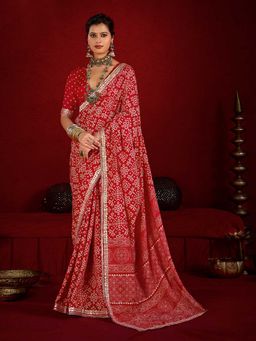 MEENA BAZAAR - Printed Art Silk Red Saree With Unstitched Blouse