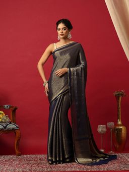 MEENA BAZAAR - Woven Zari Crepe Blue Saree With Unstitched Blouse