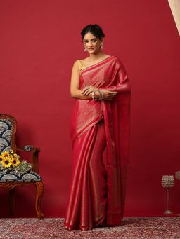 MEENA BAZAAR - Woven Zari Crepe Pink Saree With Unstitched Blouse
