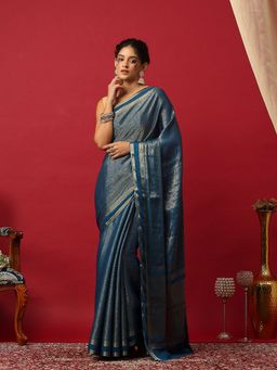 MEENA BAZAAR - Women Woven Crepe Blue Saree With Unstitched Blouse