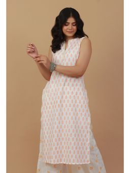 Tjori - Hand Block Printed Sleeveless Cotton White Kurta