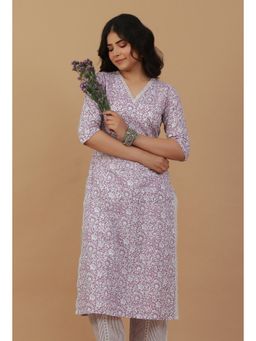 Tjori - Floral Printed Cotton Straight Lavender Kurta