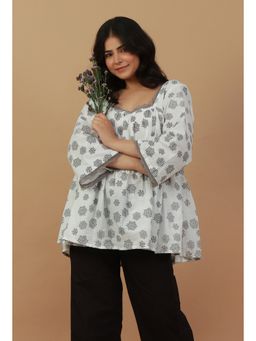 Tjori - White Hand Block Printed Cotton White Tunic