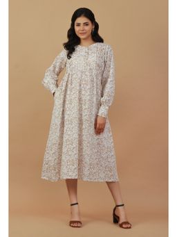 Tjori - Floral Printed Long A-Line White Midi Dress