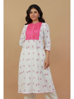 Tjori - Women Hand Block Printed White Kurta