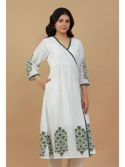 Tjori - Women Block Printed Wrap White Kurta
