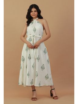 Tjori - Block Printed Halter Neck Cotton Ivory Midi Dress