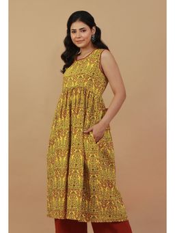 Tjori - Hand Block Printed Sleeveless Flared Cotton Yellow Midi Dress
