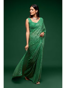 Pink Ethnic - Mint Green Georgette Thread And Sequins Saree With Unstitched Blouse