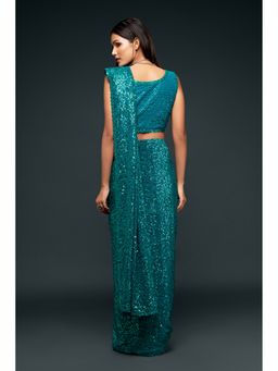 Pink Ethnic - Teal Blue Georgette Thread And Sequins Saree With Unstitched Blouse