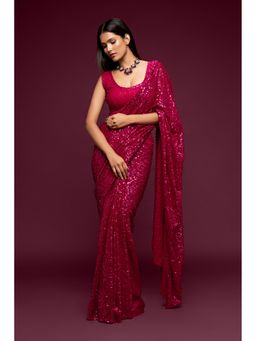 Pink Ethnic - Pink Georgette Thread And Sequins Saree With Unstitched Blouse