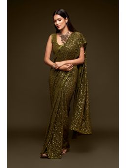 Pink Ethnic - Olive Green Georgette Thread And Sequins Saree With Unstitched Blouse
