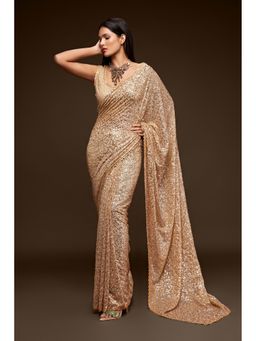 Pink Ethnic - Ivory Georgette Thread And Sequins Saree With Unstitched Blouse