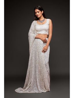 Pink Ethnic - White Georgette Thread And Sequins Saree With Unstitched Blouse