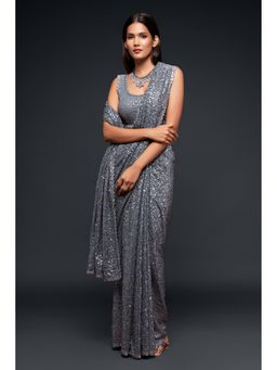 Pink Ethnic - Grey Georgette Thread And Sequins Saree With Unstitched Blouse