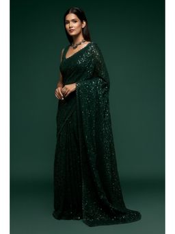 Pink Ethnic - Dark Green Georgette Thread And Sequins Saree With Unstitched Blouse