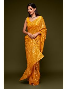 Pink Ethnic - Yellow Georgette Thread And Sequins Saree With Unstitched Blouse
