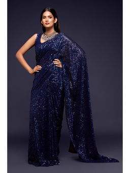 Pink Ethnic - Navy Blue Georgette Thread And Sequins Saree With Unstitched Blouse