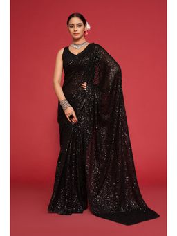 Pink Ethnic - Black Georgette Thread And Sequins Saree With Unstitched Blouse