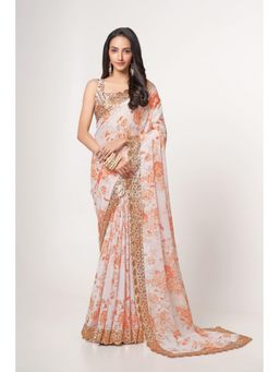 Pink Ethnic - White Organza Floral Digital And Sequins Embroidery Saree With Unstitched Blouse