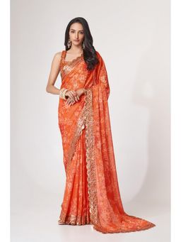 Pink Ethnic - Orange Organza Floral Digital And Sequins Embroidery Saree With Unstitched Blouse