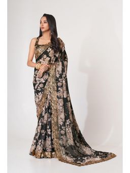 Pink Ethnic - Black Organza Floral Digital And Sequins Embroidery Saree With Unstitched Blouse