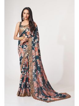 Pink Ethnic - Blue Organza Floral Digital And Sequins Embroidery Saree With Unstitched Blouse