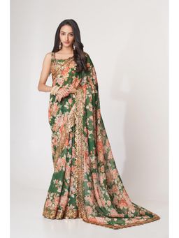 Pink Ethnic - Green Organza Floral Digital And Sequins Embroidery Saree With Unstitched Blouse
