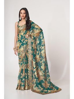 Pink Ethnic - Organza Floral Digital And Sequins Embroidery Teal Saree With Unstitched Blouse