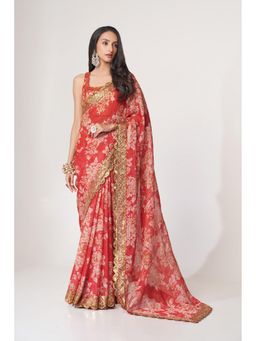 Pink Ethnic - Red Organza Floral Digital And Sequins Embroidery Saree With Unstitched Blouse