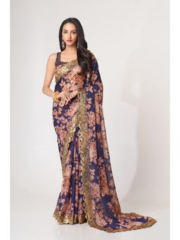Pink Ethnic - Purple Organza Floral Digital And Sequins Embroidery Saree With Unstitched Blouse