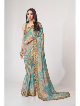 Pink Ethnic - Organza Floral Sequins Embroidery Turquoise Saree With Unstitched Blouse