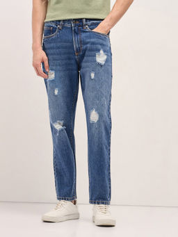 The Bear House - Mens Blue Relaxed Fit Cotton Distressed Casual Jeans