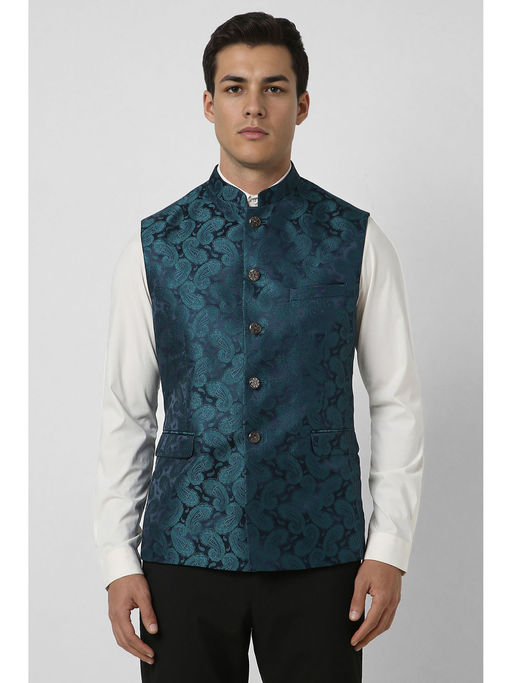 Buy Van Heusen Men Navy Blue Print Wedding Nehru Jacket (36) Online