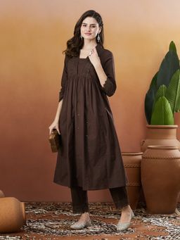 MOKOSH - Women Embroidered Brown Three Fourth Sleeves Kurta And Pant