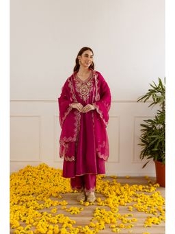 ASRUMO - Pink Chanderi A Line Embroidered Kurta With Slip Pant And Dupatta