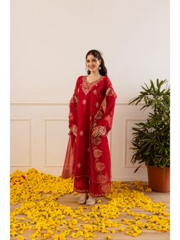 ASRUMO - Red Straight Fit Anarkali Kurta With Slip Pant And Dupatta