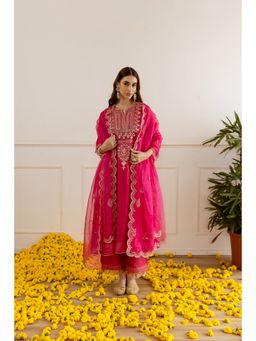 ASRUMO - Rani Pink Chanderi Heavy Neck Embroidery Kurta with Slip Pant and Dupatta