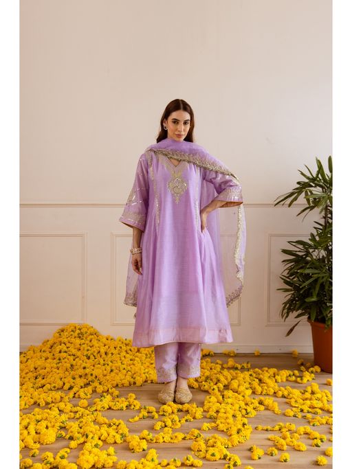 ASRUMO Lilac Chanderi Embroidered Kurta with Slip Pant and Dupatta
