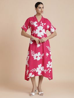 Black & Blah Blah - Floral Printed A-Line Midi Ethnic Pink Dress