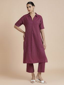 Black & Blah Blah - Striped Embroidered A-Line Pure Cotton Wine Co-Ord Set