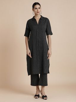 Black & Blah Blah - Striped Embroidered A-Line Pure Cotton Co-Ord Set