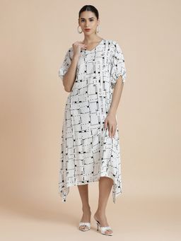 Black & Blah Blah - Floral Printed A-Line Ethnic Off White Dress