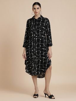 Black & Blah Blah - Geometric Printed A-Line Ethnic Black Dress